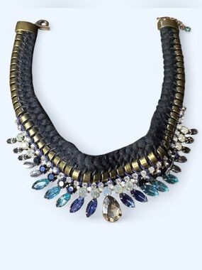 Braided Black Statement Necklace with Blue Crystal Accents / gold tone hardware
